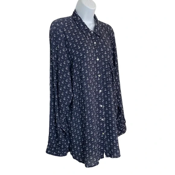 GRAND & GREENE Navy Long Sleeve Anchor Print Blouse Sz 1X - Picture 5 of 9